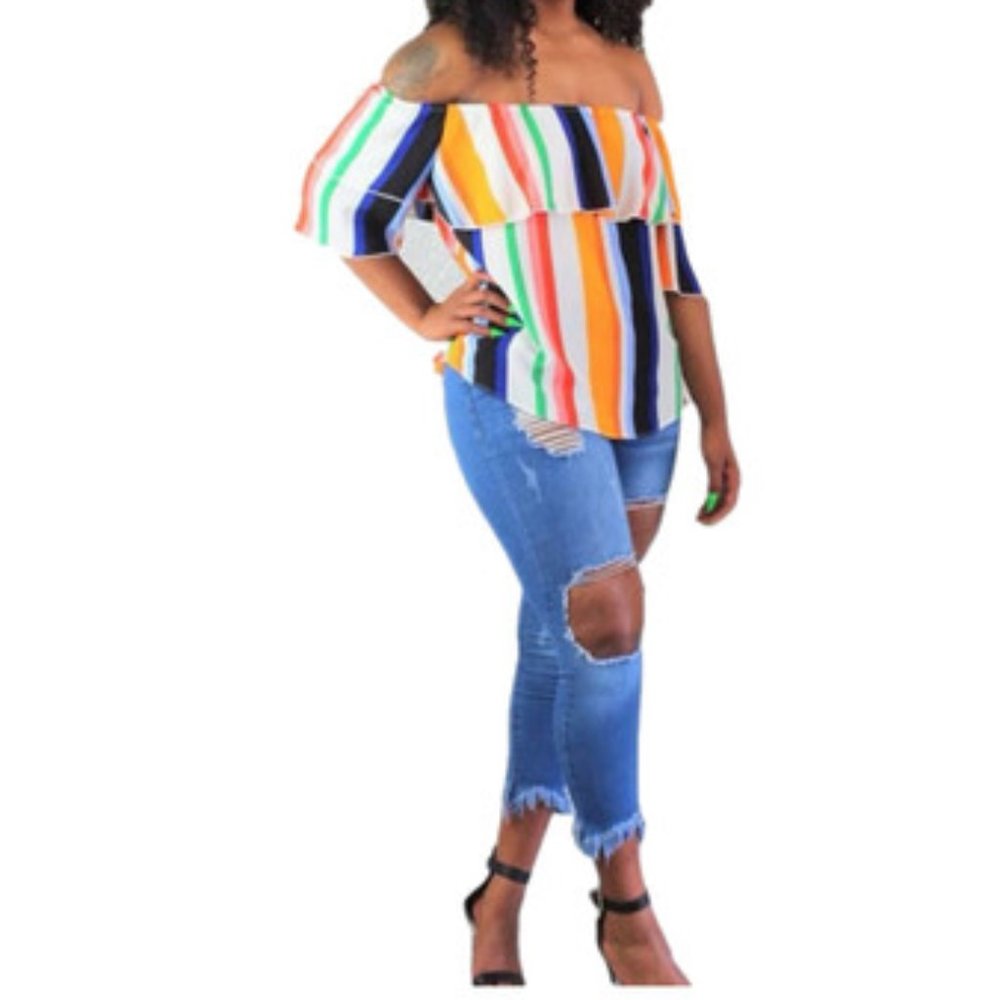 new Multicolor Off-The-Shoulder Top Blouse L